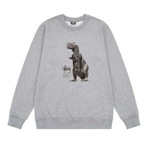 Men's Stussy Dinosaur Print Crew Neck Sweatshirt in Gray